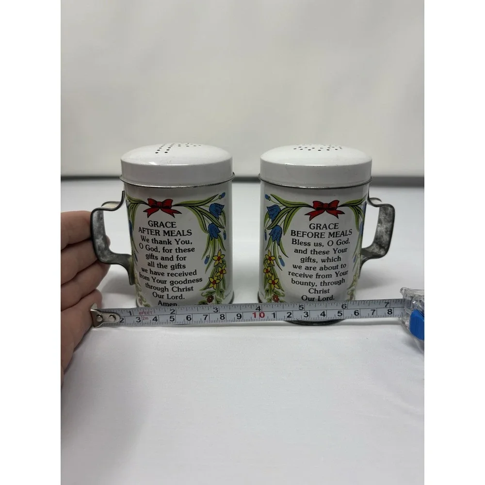 Vintage Tin Salt & Pepper Shakers Grace Before & After Meal Prayers 1950 MCM